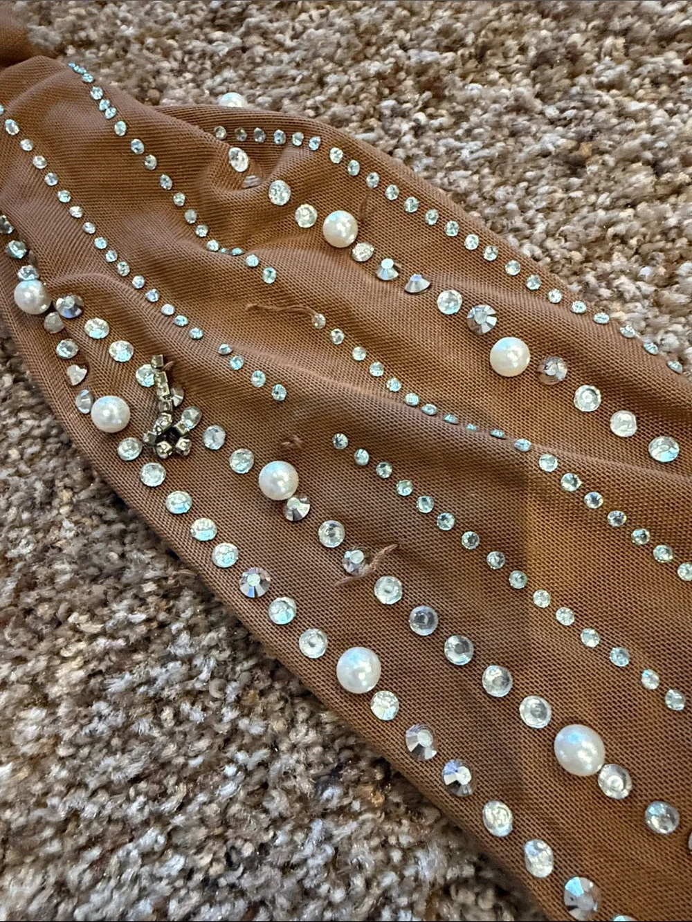 Banjul Tan Long Sleeve Crystal-Embellished Evening Gown - Picture 6 of 8